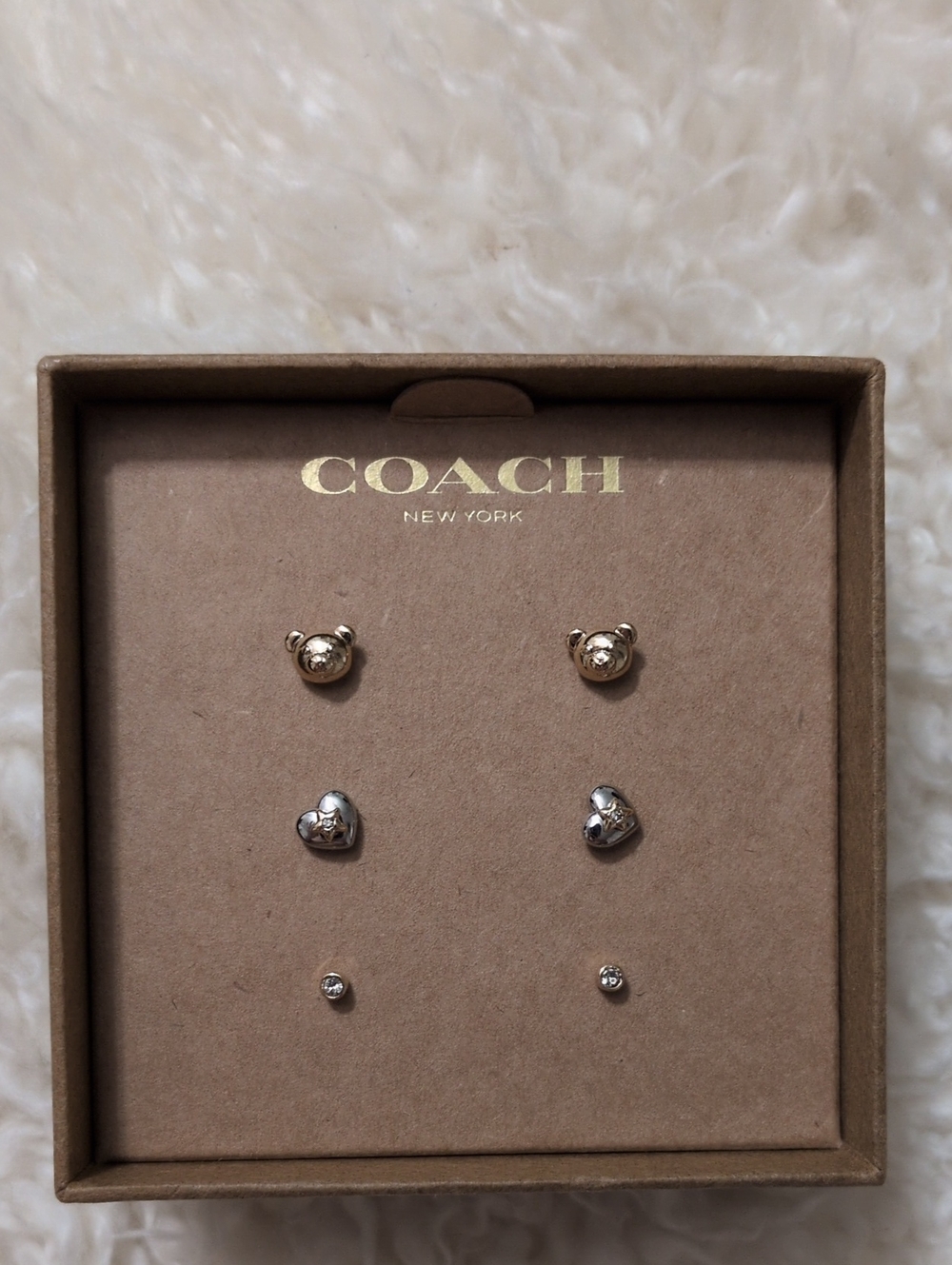 Coach Mixed Metal Bear, Heart and Crystal Stud Earring Set (3 Earrings)